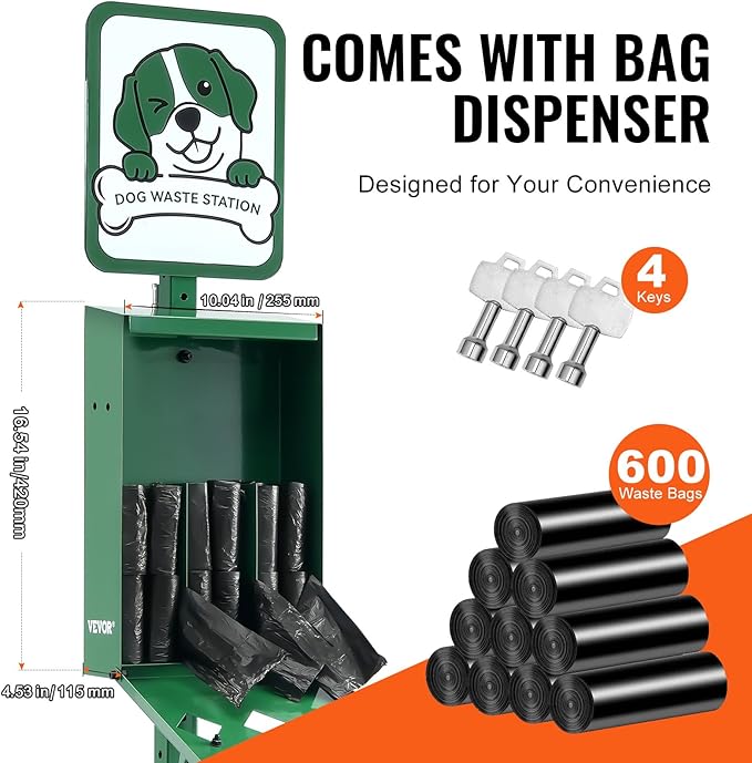 VEVOR Dog Waste Station, 11.5 Gallon Pet Waste Station with Lockable Bag Dispenser, 50 Can Liners & 600 Waste Bags, Outdoor Pet Poop Station for Apartments, Parks, Backyard, Dog Waste Disposal System - Image 3