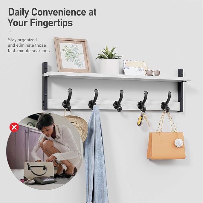 Tatub 29" Coat Rack Wall Mount with Shelf, Entryway Wall Hooks with Shelf, Coat Hangers for Bathroom, Living Room, Bedroom, Rustic White - Image 7