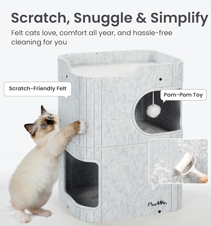 Made4Pets Cat House for Indoor Use, 2-Storey Cube Bed Cave, Covered Hideaway Condo with Scratch-Resistant Felt, Foldable Easy-to-Clean Design for Multi-Cat Homes, Marble White - Image 3