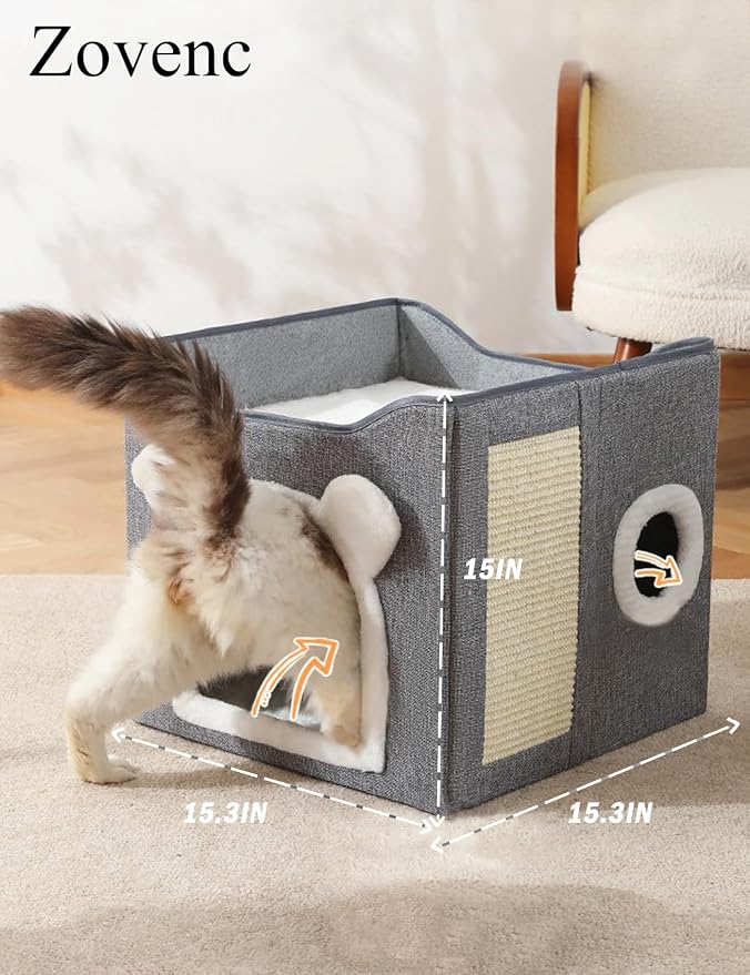 Cat Bed for Indoor Cats Foldable Cat Houses with Fluffy Ball and Scratch Pad Large Cat Cave Green Cat Hideaway - Image 2