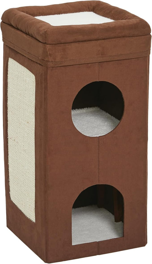 MidWest Homes for Pets Feline Nuvo Curious Cat Condo, Tri-Level Cat Tree, Faux Brown Suede with Hideaways, Bed Top & Sisal Scratch Panel, for Multiple Cats by MidWestHomesForPets