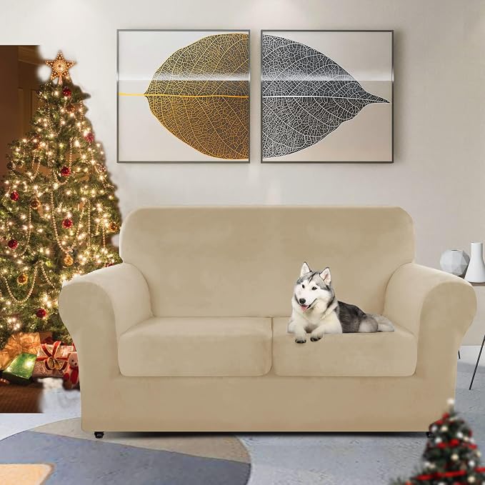 ZNSAYOTX Luxury Velvet Sofa Cover 3 Piece (57"-70") Stretch Loveseat Covers for 2 Cushion Couch Thick Soft Couch Slipcover with Non Slip Strap, Dog Pet Friendly Nice Furniture Protector (Camel) - Image 2