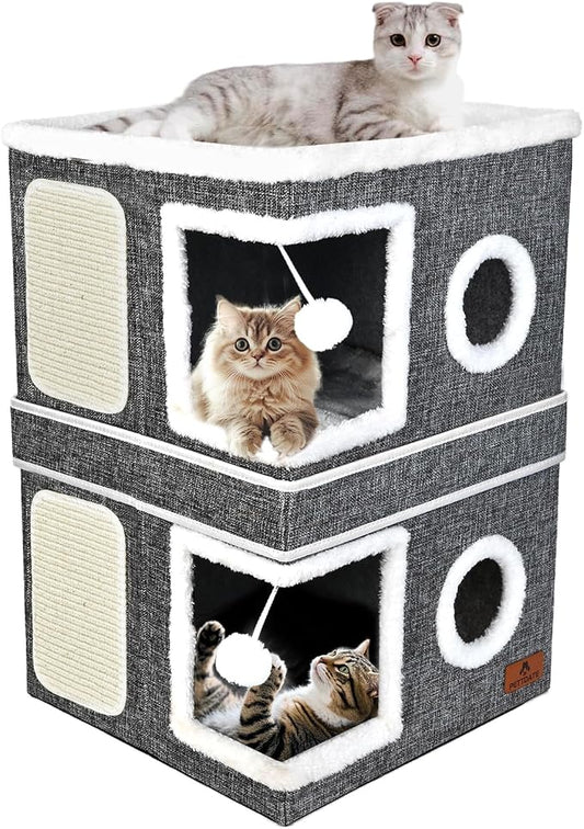 2-Story Cat House for Indoor Cats, Dual-Purpose Cave Bed with Scratch Pad and Fluffy Ball, Foldable Cat Hideaway, Cute Condo Furniture for Multi Small Pet Kitten, Grey by Unknown