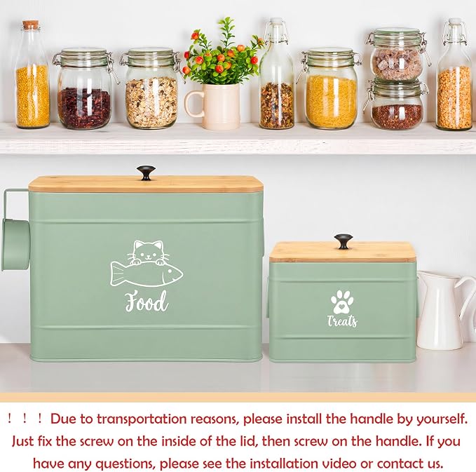 Reallnaive 2 Pcs Large Metal Cat Food Storage Containers 12+3.5 Lbs Decorative Pet Treat Snack Jars Airtight Bamboo Lids & Dry Food Scoop for Farmhouse Kitchen Counter Decor, Pet Owner Gifts(Green) - Image 5