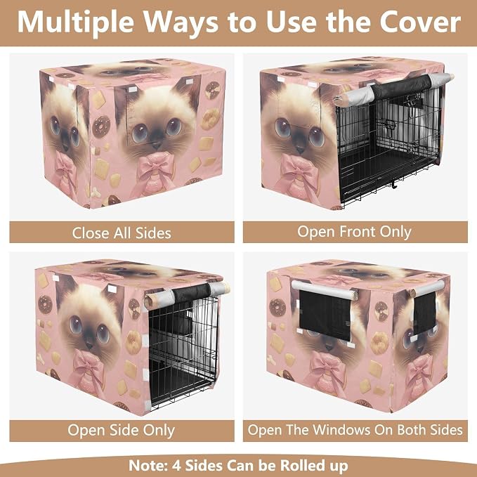 Dog Crate Cover Kennel Cover for Dog Cages Breathable for Wire Cage Indoor Outdoor Siamese Doughnut Bones Gray Pink - Image 5