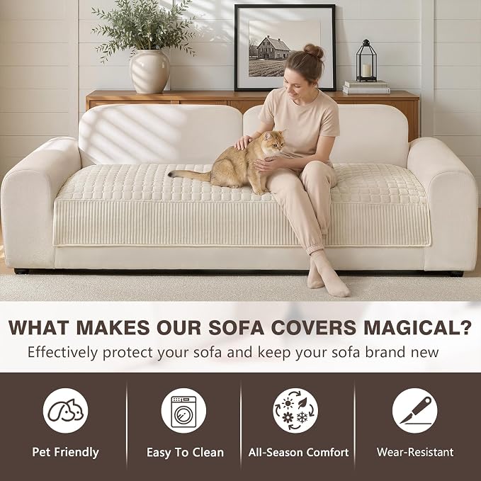 OHSIO Soft Plush Couch Cover for Sofa, Washable Milk Velvet Sofa Slipcover, Non-Slip Furniture Protector for 1 2 3 Seater Couch, Dogs, Pets and Kids(White, 35.43'' x 82.68'') - Image 3