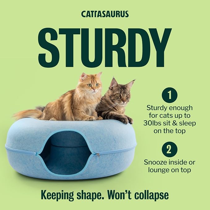 Cattasaurus Peekaboo Cat Cave Donut for Multiple & Large Cats up to 30-45 lbs, 3-in-1 Self Warming Cat Bed, Tunnel & Scratcher for Indoor Cats, Washable & Detachable Small Dog Bed (Blue, Jumbo) - Image 4