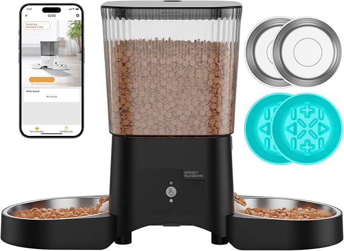 HoneyGuaridan Automatic Cat Feeder for 2 Cats,3.5L Dual Cat Food Dispenser, 2.4G/5G WiFi APP Control for Multiple Cats,2 Stainless Steel Bowls & 2 Slow Feeder Anti-Choking Bowls, Dual Power by HoneyGuaridan