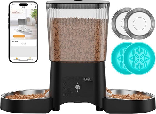 HoneyGuaridan Automatic Cat Feeder for 2 Cats,3.5L Dual Cat Food Dispenser, 2.4G/5G WiFi APP Control for Multiple Cats,2 Stainless Steel Bowls & 2 Slow Feeder Anti-Choking Bowls, Dual Power by HoneyGuaridan