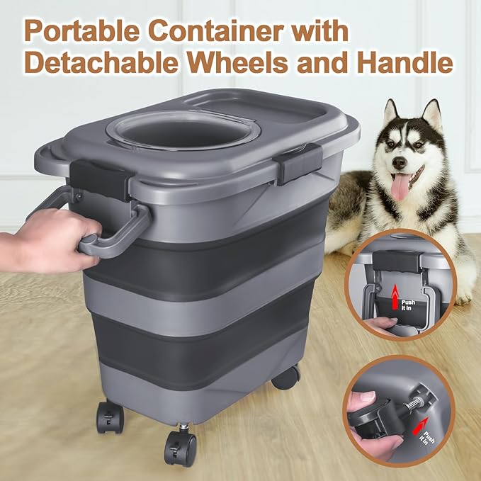 Dog Food Storage Container，23-25 lbs Airtight Collapsible Cat Food Storage Container with Attachable Wheels, Portable Handle, Dog Food Scoop for Dog Cat Bird Pet Dry Food Storage Bin Dark Grey - Image 3