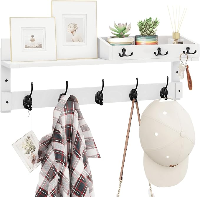 Homode Coat Rack Wall Mount with Hooks and Mail Holder | Entryway Floating Shelf with Key Hooks, Hanging Coat Hanger for Entry, Bathroom, Hallway, Bedroom, White by Homode