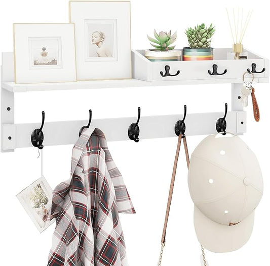 Homode Coat Rack Wall Mount with Hooks and Mail Holder | Entryway Floating Shelf with Key Hooks, Hanging Coat Hanger for Entry, Bathroom, Hallway, Bedroom, White by Homode