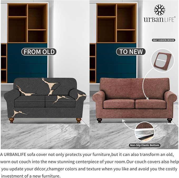 URBANLIFE 3-Piece Stretch Sofa Covers for 2 Cushion Couch, Chocolate | Super fitted spandex slipcovers for couches. Non-slip elastic bottom. Machine washable furniture protector for kids & pets. - Image 5