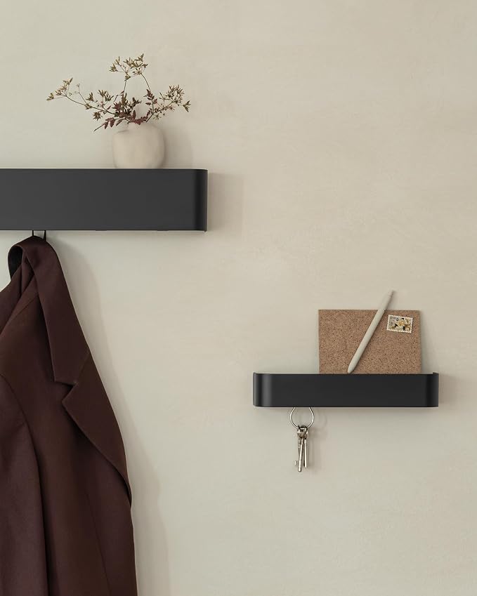 Kazai. Coat Rack Wall Mount with Shelf 'Tone' | Modern Design Coat Hanger with Hidden Hooks and Storage | Hat Rack with Shelf in Metal | Wall-Mounted Purse Organizer | Black - Image 8