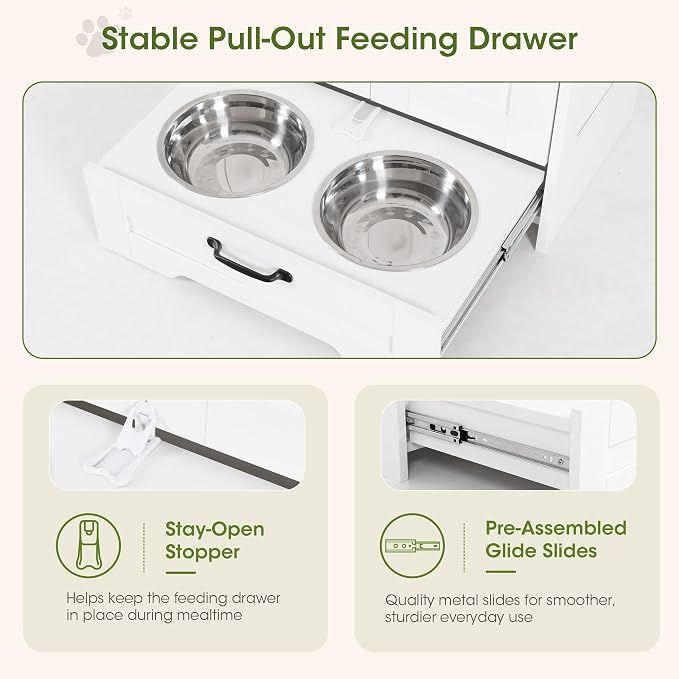 Dog Feeding Station with Storage Cabinet, White Wood Dog Cabinet with 2 Elevated Stainless Steel Bowls, Hidden Pull-Out Feeder Drawer, Pet Feeding Station for Kitchen and Living Room - Image 5