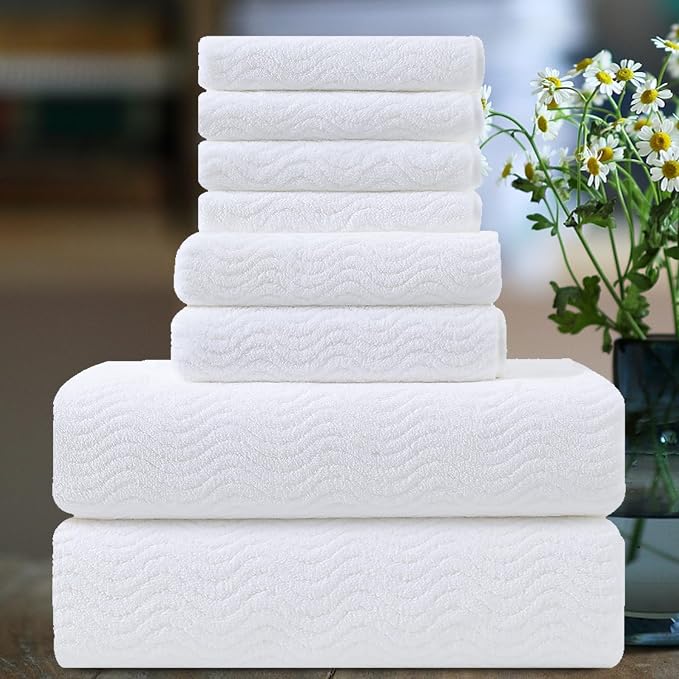 Ultra Soft 8 Piece Textured Bath Towel Set for Bathroom Shower Pool, Kitchen, Quick Dry, Lightweight Highly Absorbent - 2 Oversized Bath Towel Sheets, 2 Hand Towels, 4 Washcloths - White by Smuge