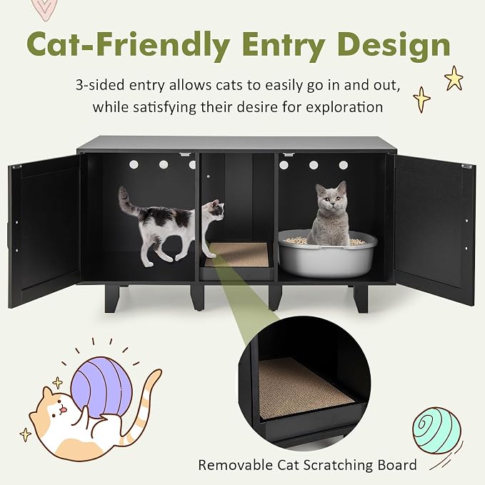 Tangkula Patented Double Cat Litter Box Enclosure for 2 Cats, Large Hidden Privacy Cat Washroom Cabinet with Scratching Board, Indoor Cat House TV Stand Side Table, Litter Box Furniture (Black) - Image 3