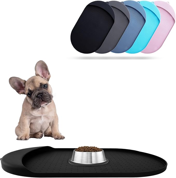 Dog Food Mat - 29” x 16.6” Pet Feeding Mat with Residue Collection Pocket - Large Silicone Dog Mat for Food and Water - Waterproof Dog and Cat Bowl Mat, High Edges to Prevent Spills, Black by ORA+SHOP