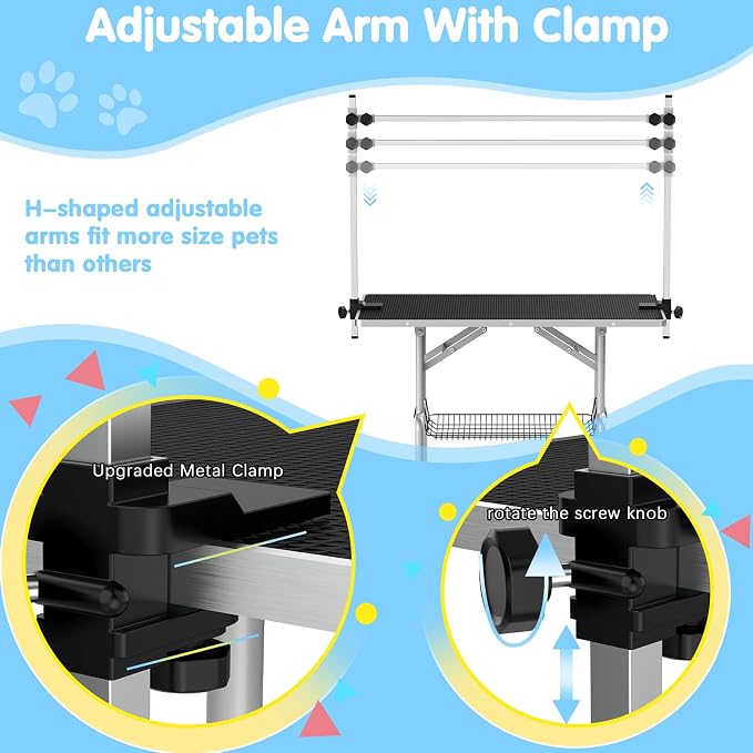 Lyromix 42'' Foldable Dog Grooming Table with Arms/Nooses/Mesh Tray, Black | Stainless Steel Grooming Table for Dogs at Home, Adjustable Pet Bathing Station, Non-Slip Waterproof Tabletop, Capacity 330Lb - Image 3