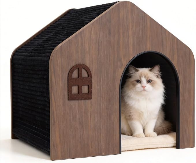 Wooden Cat House for Indoor Cats - Plush Corduroy Semi Enclosed Cat Condo, Dual Sided All Season Washable Cat Bed, Sturdy Modern Cat Furniture for Small & Medium Cats Up to 20lb/9kg by Unknown