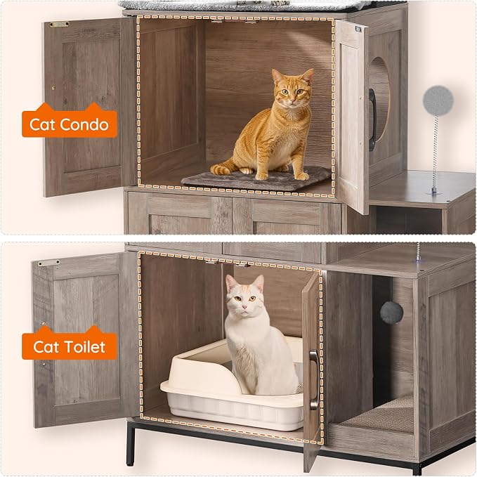 HOOBRO Cat Litter Box Enclosure Furniture, 2 in 1 Hidden Litter Box Furniture with Shelf, Double Litter Box Cabinet with 2 Dangling Plush Balls and 1 Toy Ball, Greige and Black BG78MW01 - Image 8
