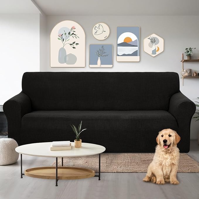 U-NICE HOME Stretch Couch Cover Slipcover for 3 Cushion Sofa, Black | 1-Piece Sofa cover, Washable, Pet friendly, Furniture protector, Polyester Spandex Jacquard fabric - Image 2