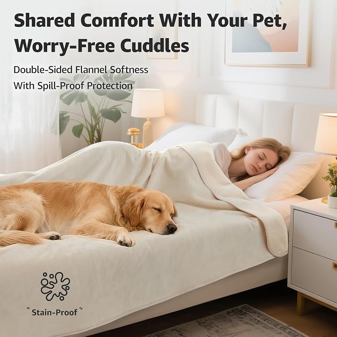 LOOBANI Waterproof Blanket for Bed, Soft Flannel Twin Bed Blanket 60" x 80" | Pet Blankets for Large Dogs, Reversible Spill-Proof, Ideal for Couch Cover, Movie Time, Camping, Travel, Noise Free, Beige - Image 2
