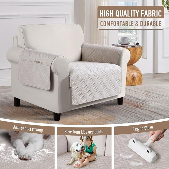 TAOCOCO Waterproof Chair Covers for Pets Dogs with Non Slip Backing, Chair Seat Covers with Side Pocket for 1 Seater Couch Washable Dog Couch Cover Protector Sofa Slipcovers(Chair, Cream) - Image 4