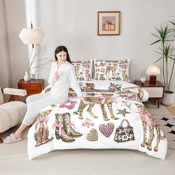 Manfei Girly Bow Cute Comforter Sets King Size,Cartoon Cheetah Boots Bedding Comforter for Kids Girls Boys,Wild Animal Prints Quilt Sets for Bedroom Decor,Duvet Insert,2 Pillowcase,Pink Brown - Image 3