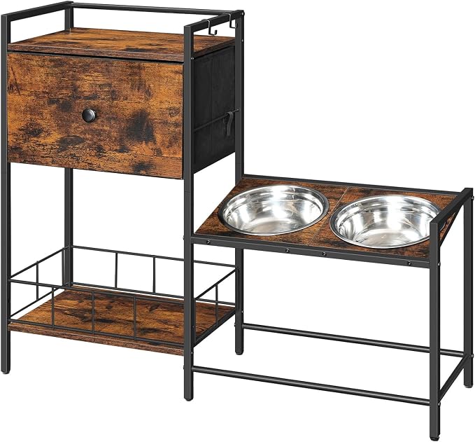HOOBRO Elevated Dog Bowls Stand with Drawer, Height Adjustable Raised Feeding Station Cabinet with Storage Basket, 4-IN-1 Pet Storage Organizer for Large Medium Breeds, Rustic Brown and Black BF22PO03 by HOOBRO