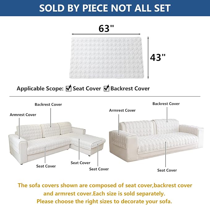 Eismodra Sectional Couch Covers,L Shape Sofa Slipcover Furniture Protector for Dogs Cats Pet Chaise Lounge 3 Cushion Couch Loveseat,White 43 x 63 inches (Only 1 Piece) - Image 5