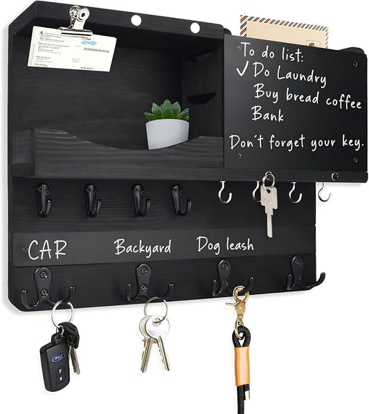 Key Holder for Wall Mount with Shelf and Mail Organizer, Key and Mail Holder with 16 Hooks, Farmhouse Entryway Organizer, Home Decor Rack (Pine Wood, Black) by HEKOOLA