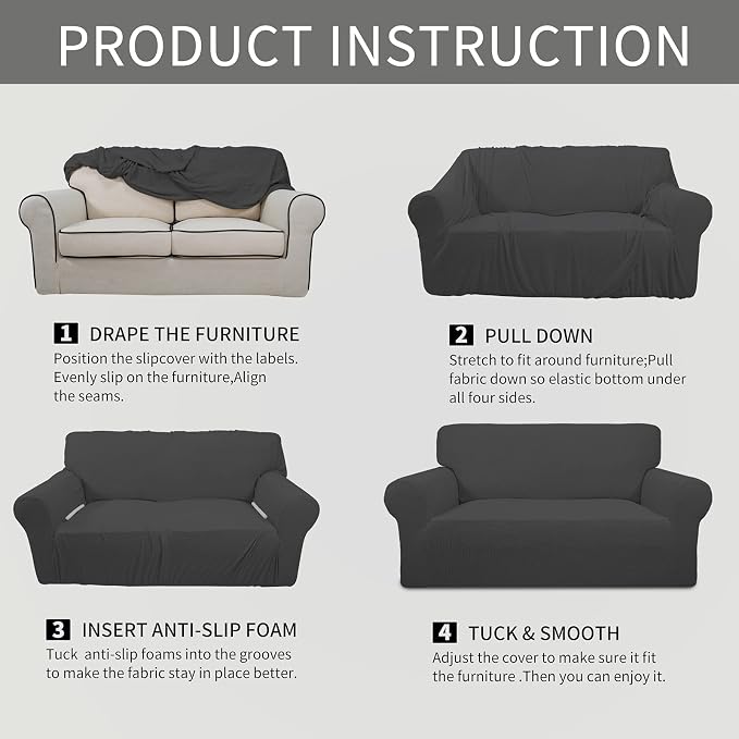 Easy-Going Stretch Loveseat Couch Covers Washable Dark Gray | 1-Piece Loveseat Covers for 2 Cushion Couch Furniture Protector RV Sofa Slipcover Soft with Bottom for Kids Pets - Image 8