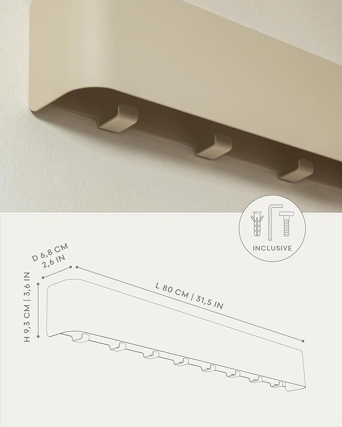 Kazai. Coat Rack Wall Mount with Shelf 'Tone' | Modern Design Coat Hanger with Hidden Hooks and Storage | Hat Rack with Shelf in Metal | Wall-Mounted Purse Organizer | Sand Taupe - Image 7