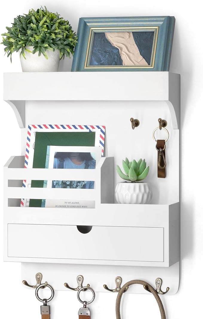 Rebee Vision Key Holder Wall Mount with Drawer & Shelf for Entryway, White | Pine Wood, Key Holder for Wall, 6 Sturdy Key Hooks, Wall Shelf, Drawer Organizer, Modern Home Decor, Decorative Storage by REBEEVISION