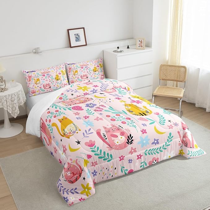 Feelyou Kids Funny Cats Bedding Set Girls Cute Flower Cartoon Kitty Kitten Comforter Set Twin Size Animal Theme Duvet Insert Girly Kawaii Room Pink Decor - Image 4