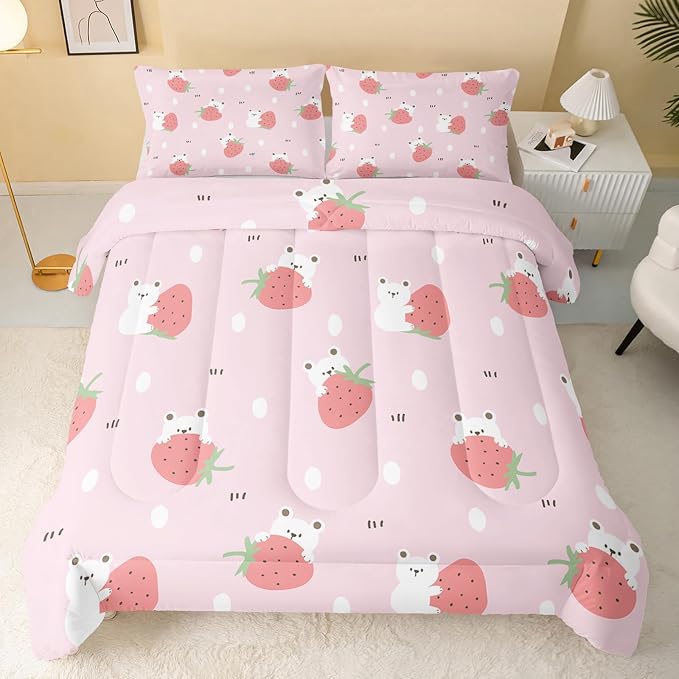 QOOMO Cartoon Bear Comforter Twin Size,Pink Strawberry Bedding Set for Kids Teens Girls,3Pcs Bedding Set Printed Comforter with 2 Pillowcases,Down Alternative,Soft and Lightweight，Twin Size - Image 2