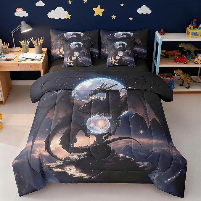 Erosebridal Purple Dragon Queen Bedding Set - Galaxy Moon Bed in A Bag,Dreamy Animal Comforter Sets with Sheets, Fantasy Dragon 7 Pieces Bed Set Bedroom Decor by Erosebridal