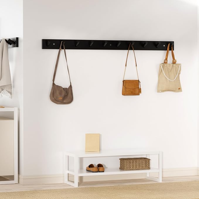 SKOLOO Wood Coat Rack Wall Mounted,10 Peg Long Bamboo Hook for Hanging Backpack Coat Towel Hat,16'' Hole to Hole,Black - Image 3