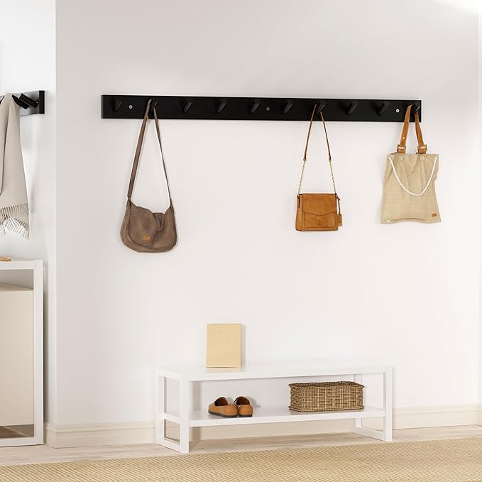 SKOLOO Wood Coat Rack Wall Mounted,10 Peg Long Bamboo Hook for Hanging Backpack Coat Towel Hat,16'' Hole to Hole,Pack of 2,Black - Image 2