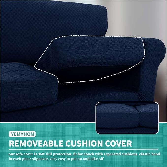 YEMYHOM Latest Checkered 4 Pieces Couch Covers for 3 Cushion Couch High Stretch Thickened Sofa Cover for Dogs Pets Elastic Slipcovers Living Room Furniture Protector (Navy), 71"-91"(3 Cushions) - Image 4