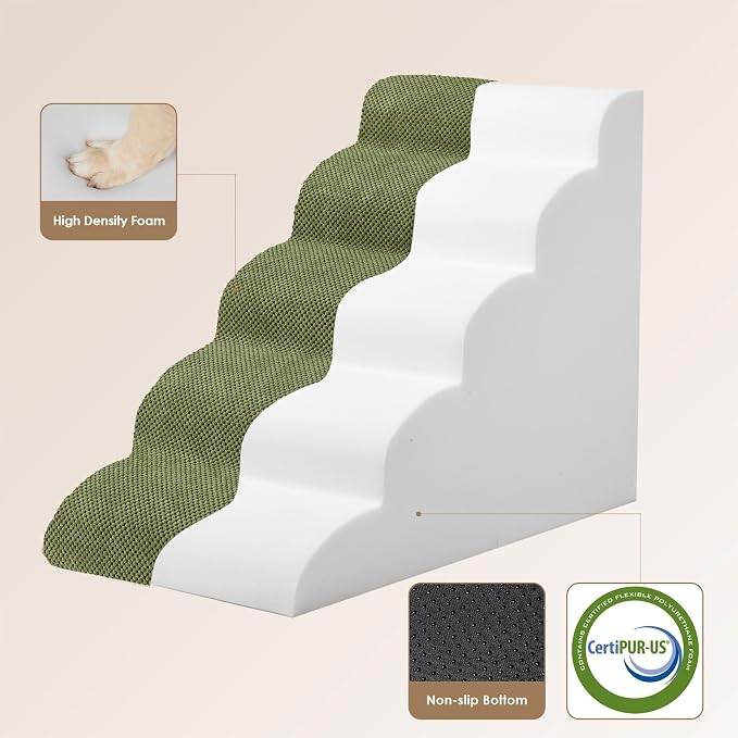 EHEYCIGA Curved Dog Stairs Ramp for High Beds 22.6" H, 5-Step Dog Steps for Small Dogs and Cats, Pet Stairs for High Bed Climbing, Non-Slip Balanced Pet Step Indoor, Olive Green - Image 2