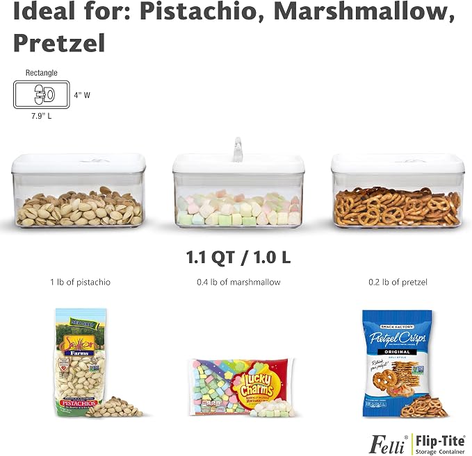 Felli Flip Tite Food Storage Container with Lid 4” RECTANGLE Airtight Ring Flip Lock Top, Stackable Acrylic Canister Set for Kitchen Fridge Pantry Organizer, Veggie Fruit Tea Bag Snack (1.1 qt) - Image 9