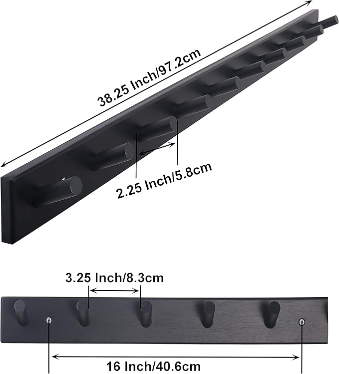 SKOLOO Wood Coat Rack Wall Mounted,10 Peg Long Bamboo Hook for Hanging Backpack Coat Towel Hat,16'' Hole to Hole,Black - Image 4