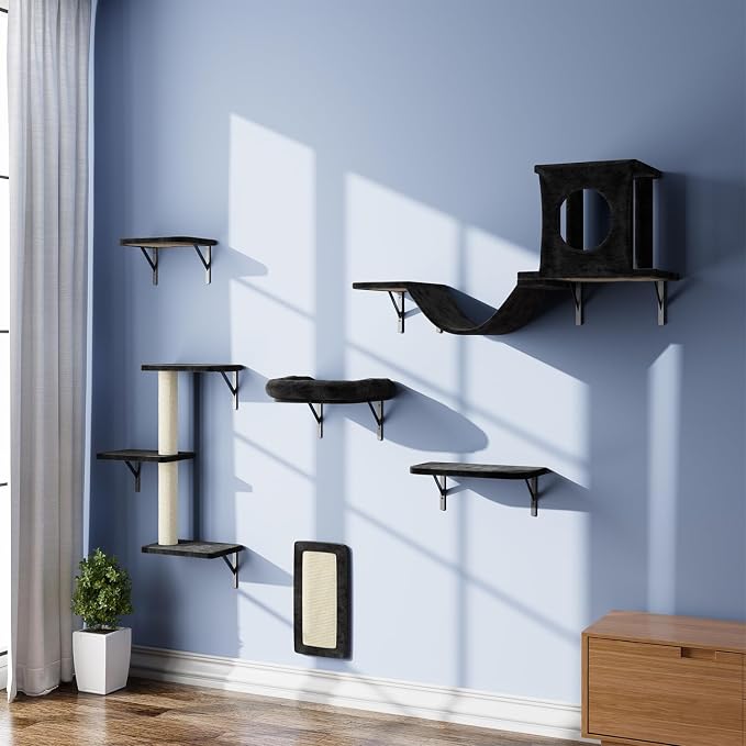 NUNU LAB Wall Mounted Cat Furniture Set - 6 Pcs Climber Set with House, Bridge, Steps, Scratcher Board - DIY Walls Playground, Indoor Cat Shelves - Black by NUNULAB