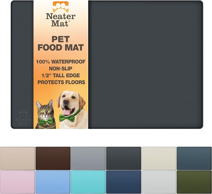 Neater Pet Brands Neater Mat Pet Mats for Food and Water, Cat & Dog Bowl Mat Waterproof Silicone, Feeding Tray, Dog Food Mats for Floors, Placemat w/Raised Edge for Under Bowls, 19” x 12”, Black by NeaterPetBrands