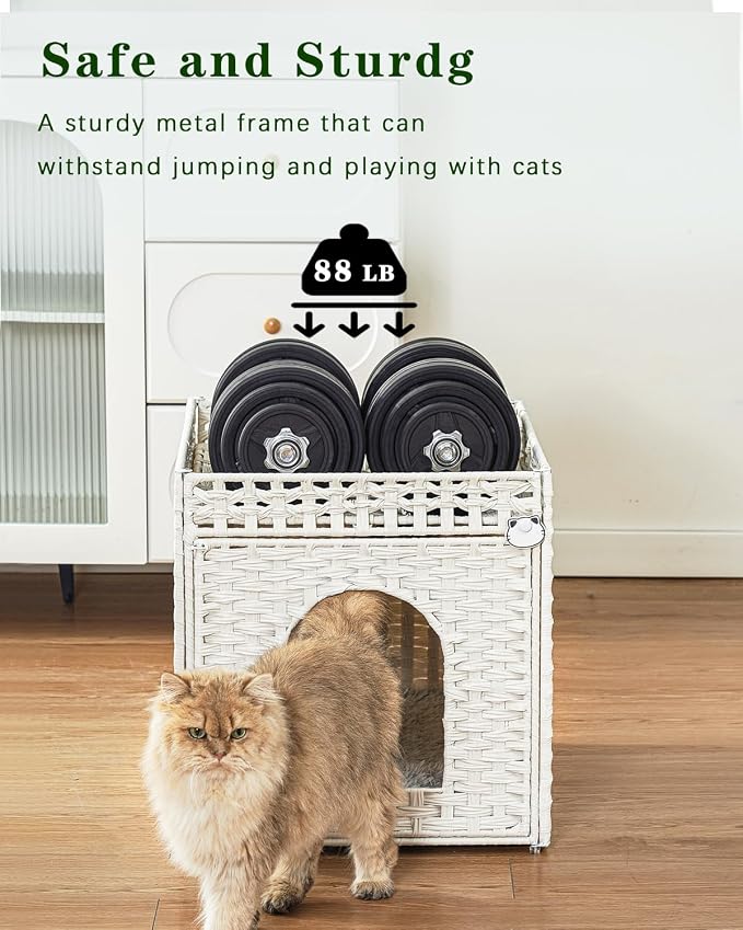 SETVSON Cat Houses for Indoor Cats Extra Large Double Cat Cave, White | Decorative Furniture Look, Private Hideaway for Shy Cats, Soft Dual-Purpose Cushion, Easy Wipe-Clean PE Rattan, Collapsible - Image 3