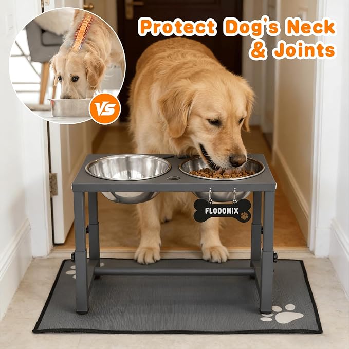 Elevated Dog Bowls, 4 Height Adjustable Metal Raised Bowl Stand with 2 Thick Stainless Steel Food Bowls & Spill-Proof Mat, Adjusts to 13.6'', 12.2'', 10.9'', 9.5'' for Large/Medium Breeds - Image 2