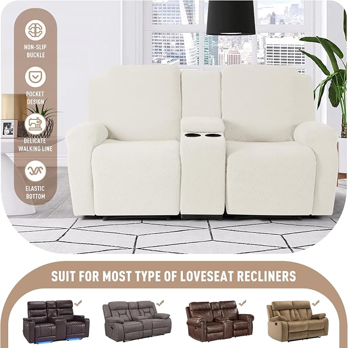 KinCam Loveseat Recliner Covers with Middle Console Slipcover, Cream | Stretch Recliner Sofa Covers for 2 Seat Couch Cover, Jacquard Furniture Protector Covers with Elastic Bottom for Kids, Pets - Image 2