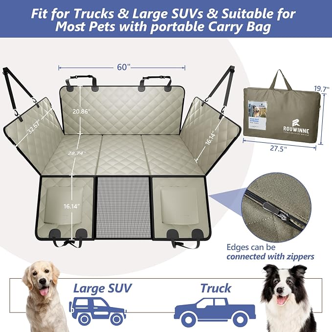 Back Seat Extender for Dogs Truck-Large Space, Hard Bottom Dog Pet Seat Cover Back Seat, Waterproof Dog Hammock for Crew Cab Trucks F150, RAM1500, Sierra, Tundra, Silverado, Khaki - Image 4